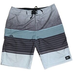 O'Neill Board Shorts Men's Size 32 Grey Blue Stripe Print Swim Trunks